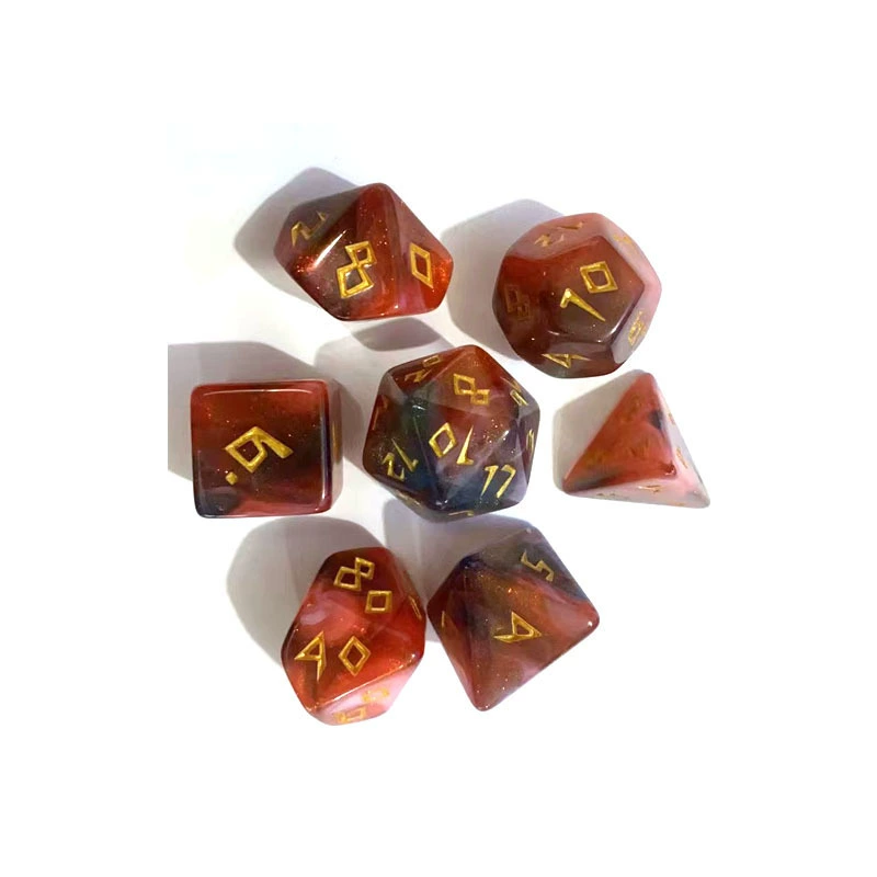 7‑piece polyhedral dice set, tricolor chameleon finish, standard DnD kit (d20–d4), multi‑color