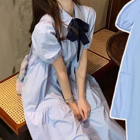 Blue Shirt Dress for Women, Summer Mid-Length, Loose Fit, High-Waisted, Slimming, Elegant, Puff Sleeve, Tiered Dress