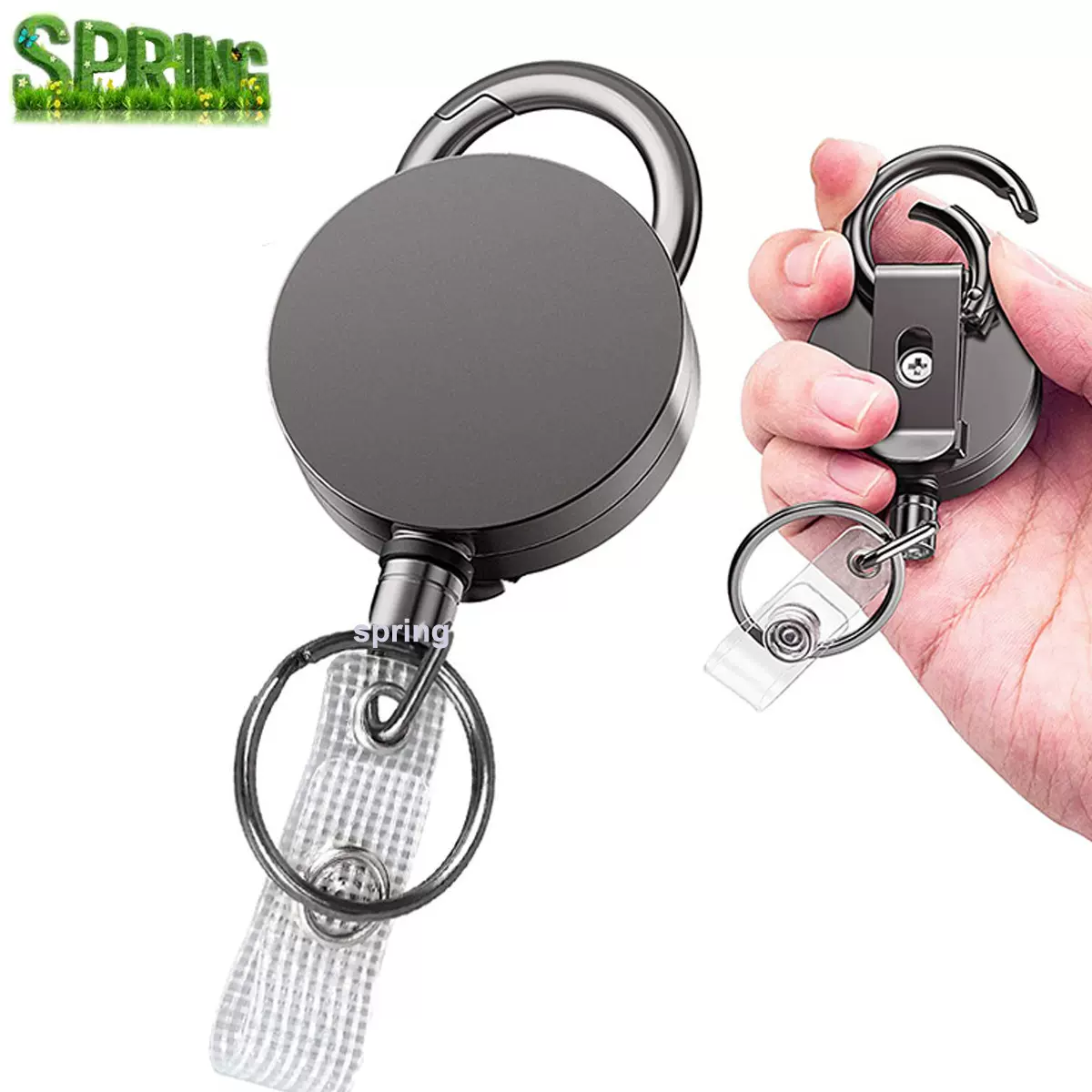 Amazon圆圈登山扣枪色金属易拉扣伸缩钥匙扣易拉得带皮带夹证件扣