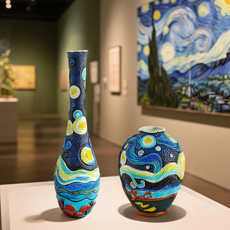  Hot Selling Van Gogh Art Inspiration Starry Night Resin Vase Set Home Desktop Flower Arrangement Decorative Vase Ornaments