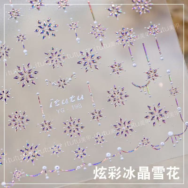 Nuevo colorido cristal de hielo de nieve relieve pegatinas de uñas de invierno Navidad láser de uñas diamante pequeño patrón de copo de nieve