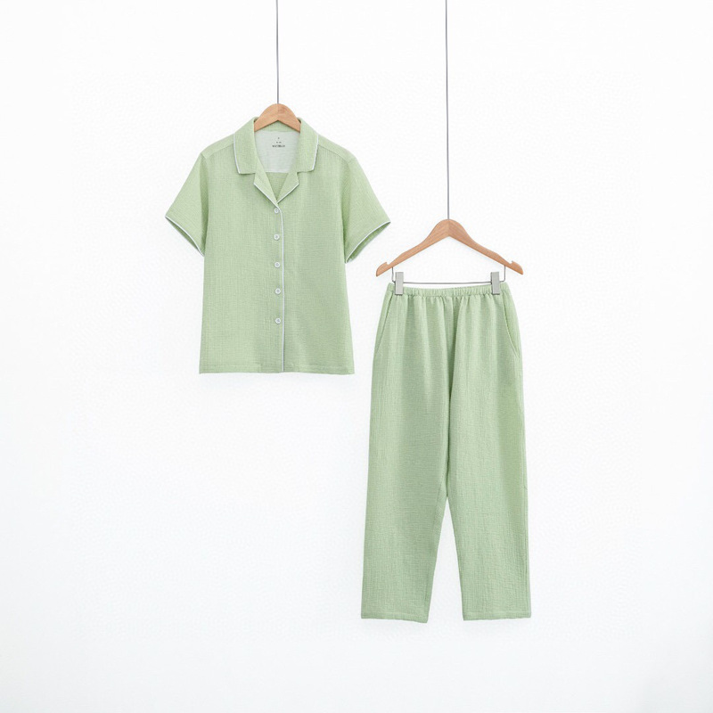 Non-printed Japanese-style pure cotton four-layer yarn fluffy soft light breathable women's short-sleeved home wear spring and summer suit