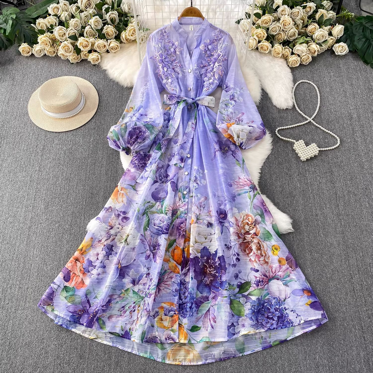 Elegant French-Inspired Floral Embroidered Dress With Button Front & Waist Tie - Flowy Maxi Dress For Women_voghion.com