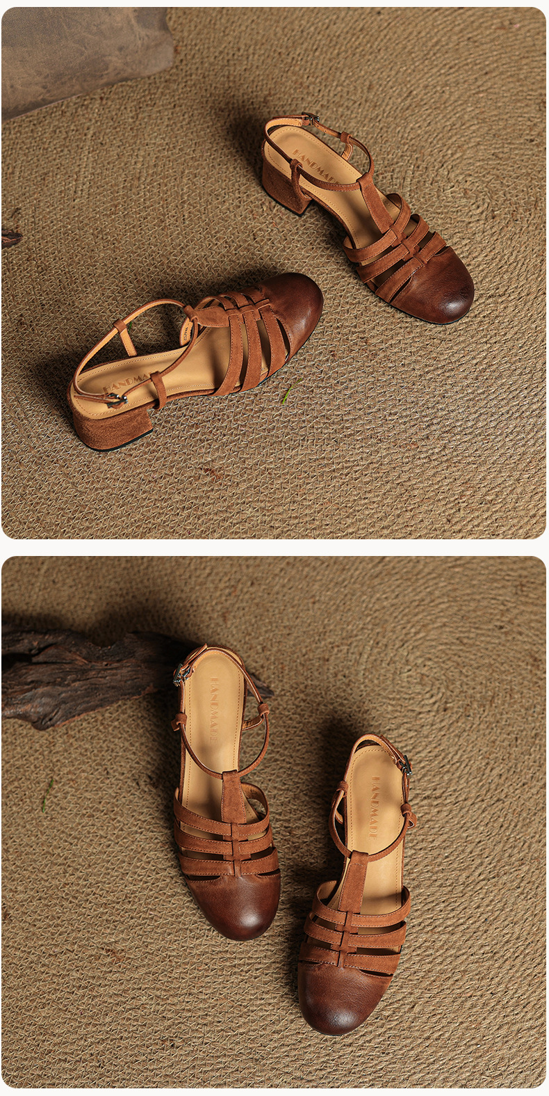 Sandal nữ da bò dệt rỗng mũi hở gót thô cao phong cách La Mã — màu nâu chi tiết 25