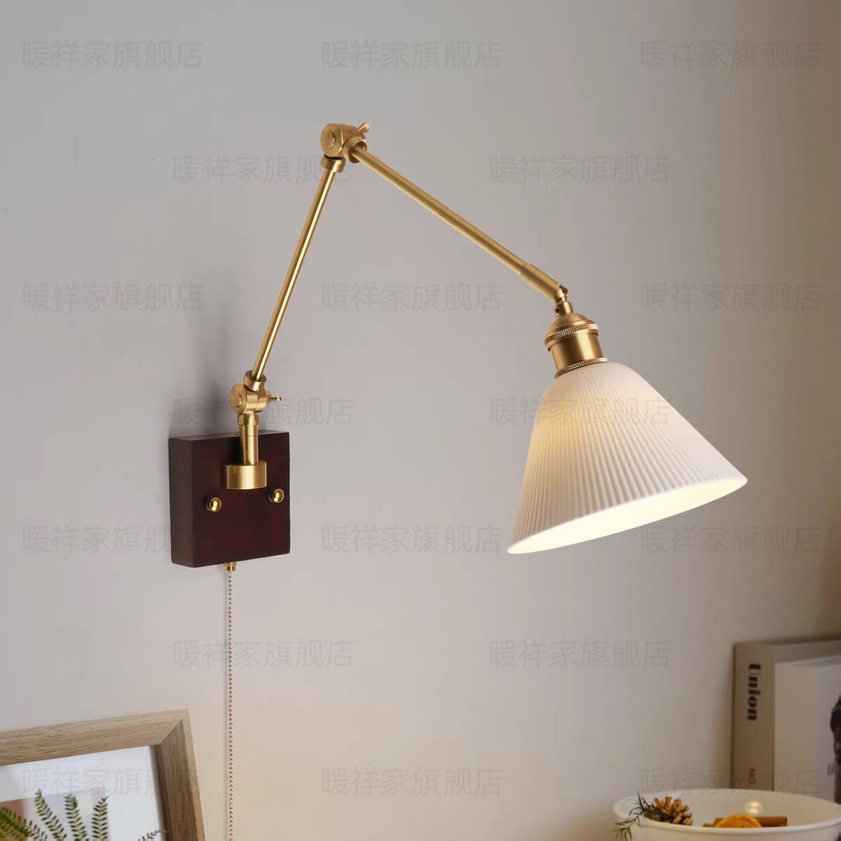 美式中古可调节卧室床头陶瓷全铜壁灯复古胡桃木实木黄铜摇臂壁灯