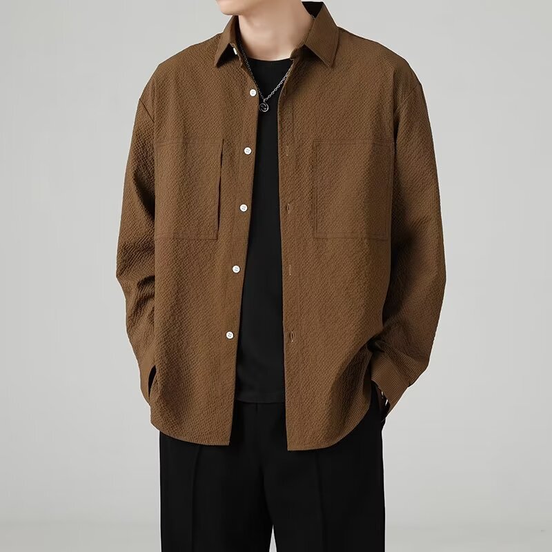 Brown ruoshuai high-grade long-sleeved shirt men's niche design trendy brand shirt casual coat top clothes men's clothing