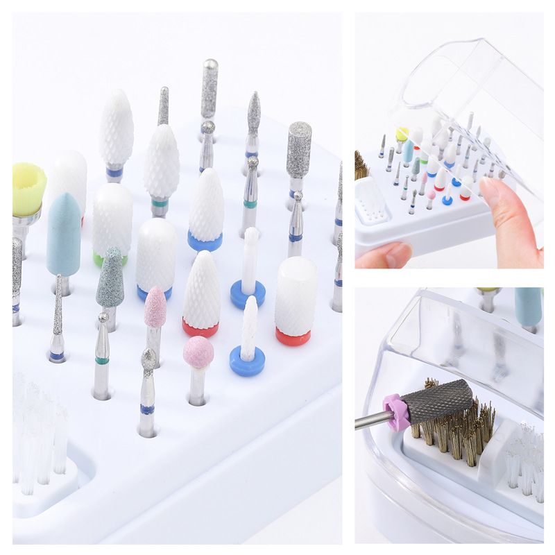 Caja de almacenamiento de cabezal de molienda de uñas de 30 orificios transfronterizos con cepillo de limpieza caja de polvo cabezal de molienda de uñas soporte de pantalla herramientas de uñas