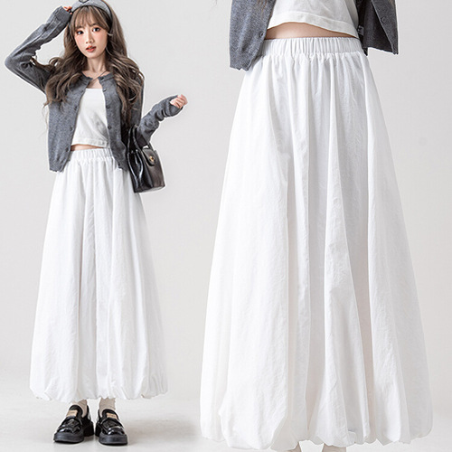 French white fluffy flower bud skirt for women's spring new elastic waist loose slimming A-line long dress