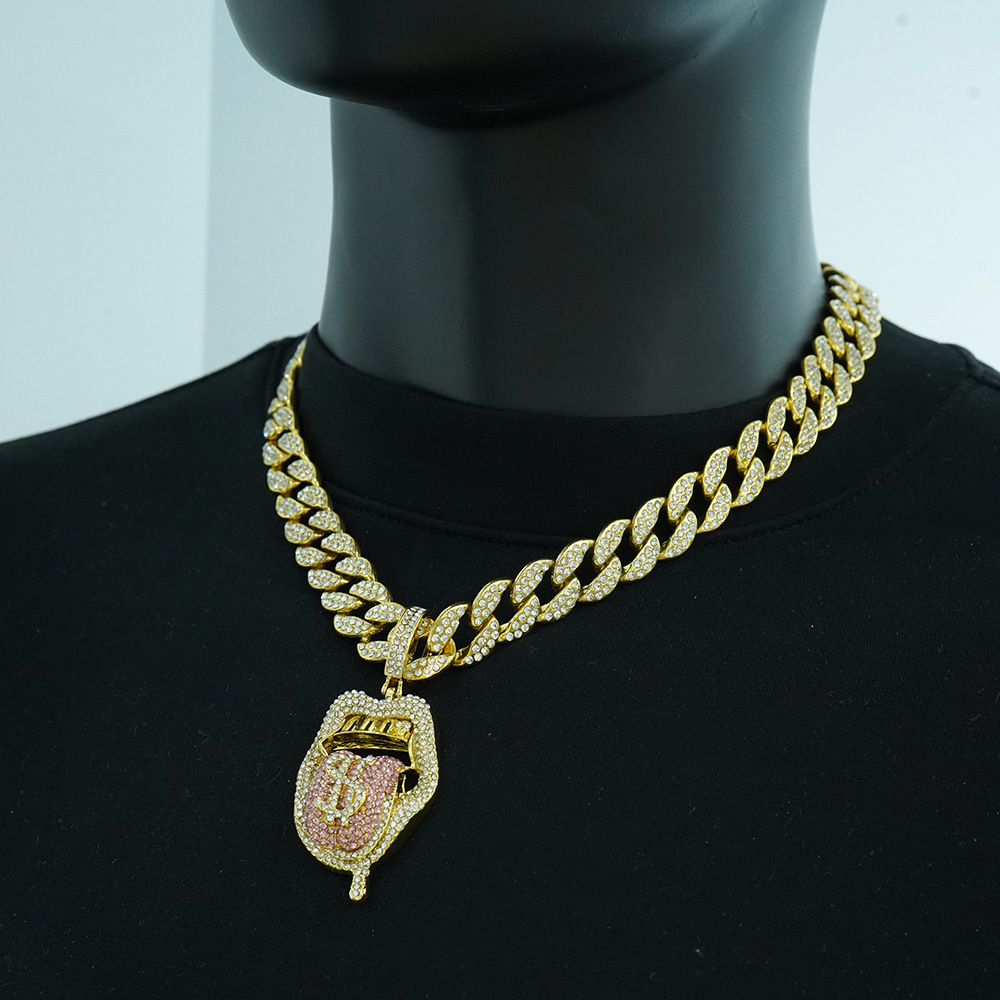 Cross-border ins extraño diamante tridimensional de color Hip-Hop europeo y americano escupir lengua collar de esqueleto collar de diamante collar de cadena de clavícula cubana