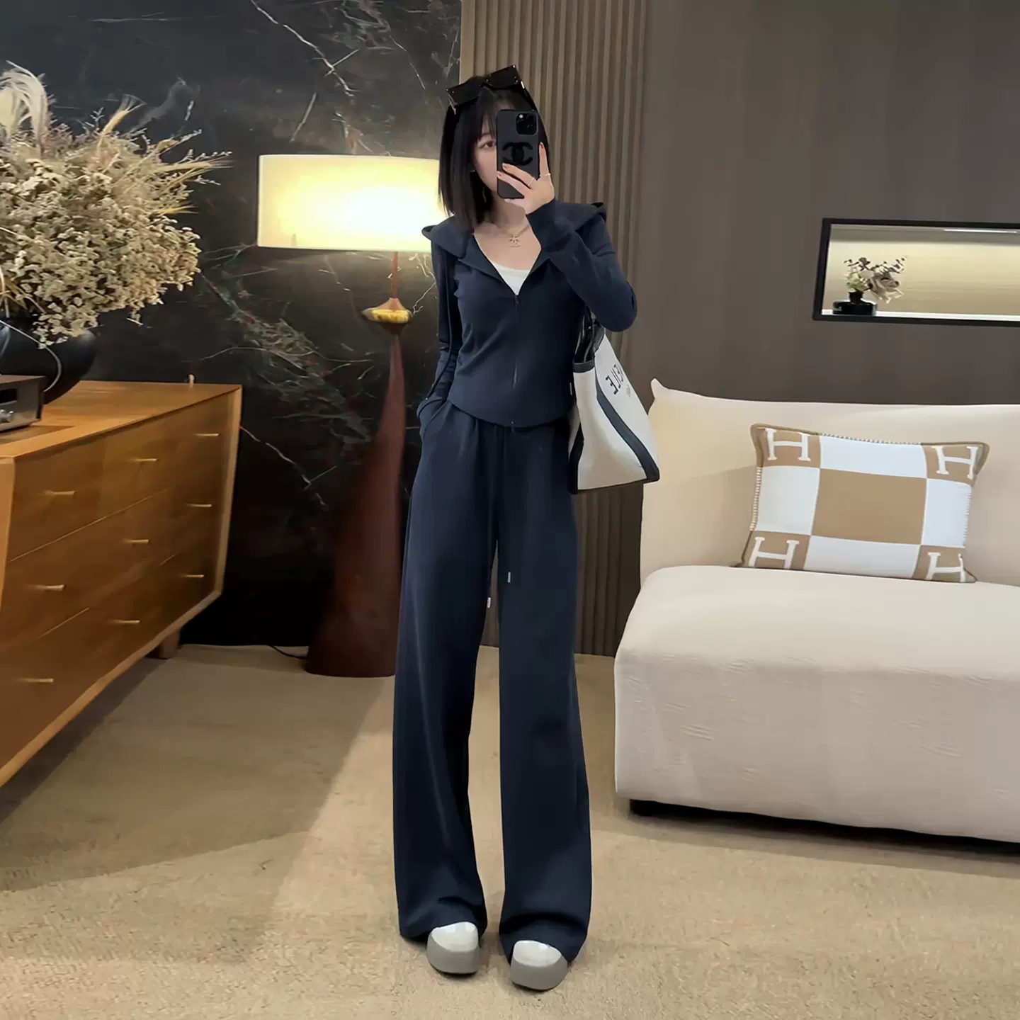 2025新款藏青色连帽套装女拉链卫衣+阔腿裤宽松休闲通勤风两件套