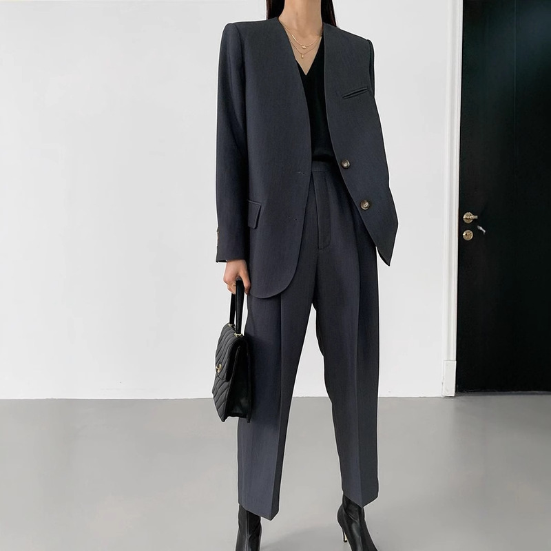 New V-Neck Minimalist Designer Style Elegant Suit Jacket for Women, Korean Style Harem Pants Set