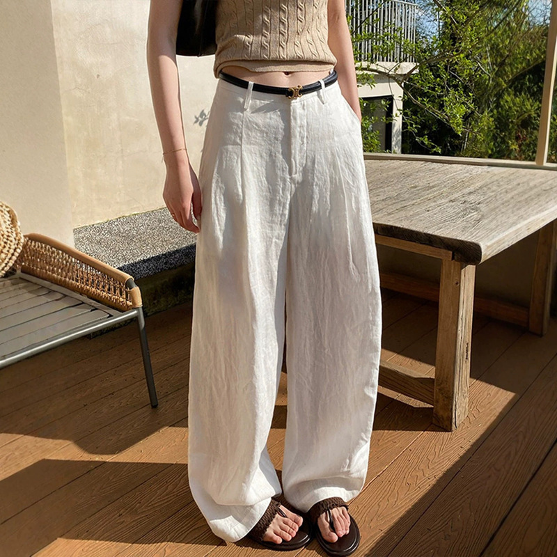 White Linen Wide-Leg Pants for Women, Summer Thin Style, Ice Silk Breathable Old Money Style, Lyocell Suit Pants, Linen Straight-Leg Pants