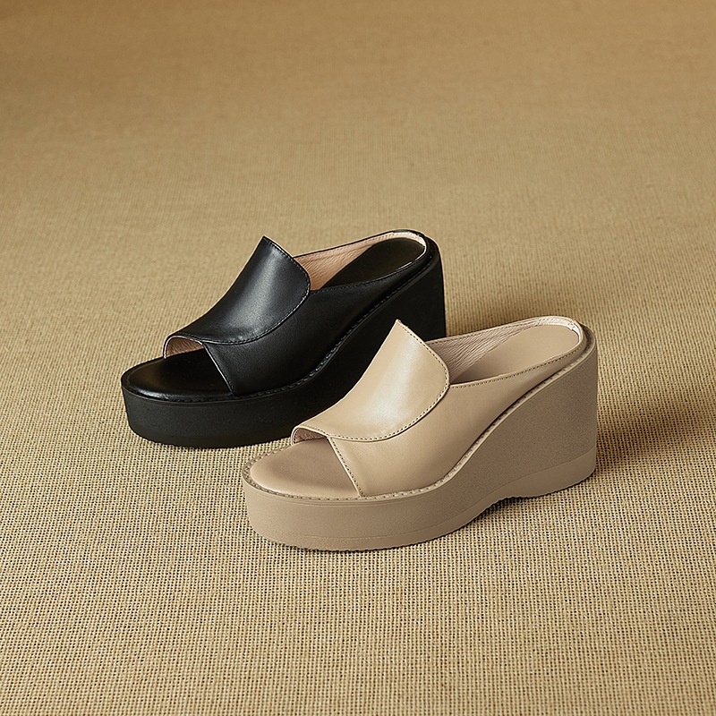 Dép sandal nữ quai chữ V đế xuồng cao gót 9 cm da bò mũi cá — đen