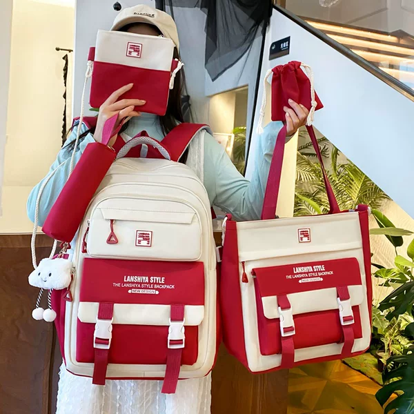 Wholesale student schoolbags female junior high school students high color value solid color backpack men's campus shopping five-piece backpack manufacturers