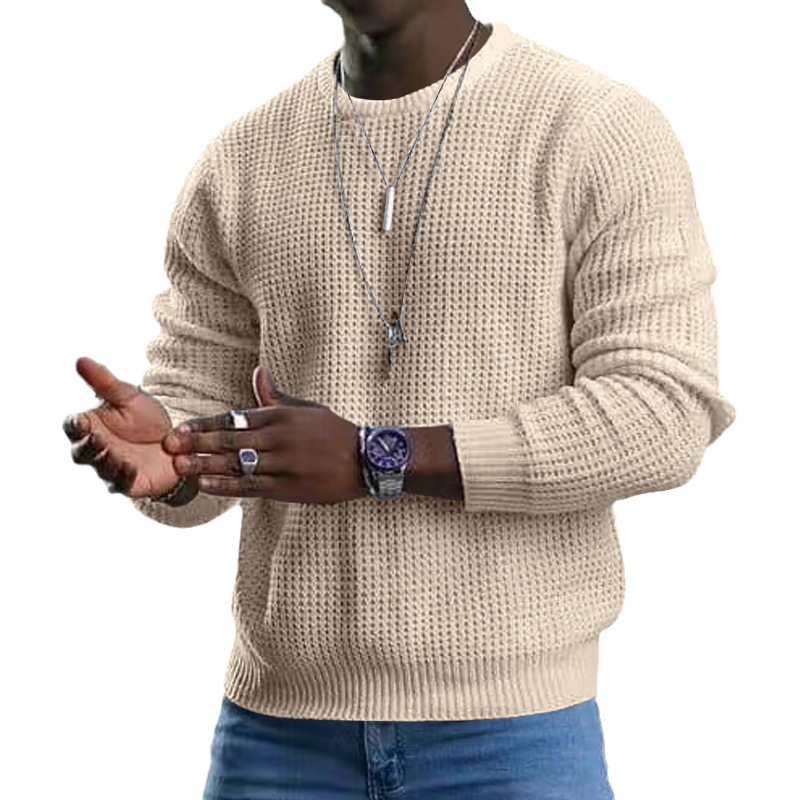 Men's T emu Solid Color Waffle Long Sleeve T-shirt Spring and Autumn New Round Neck Top for Men_voghion.com