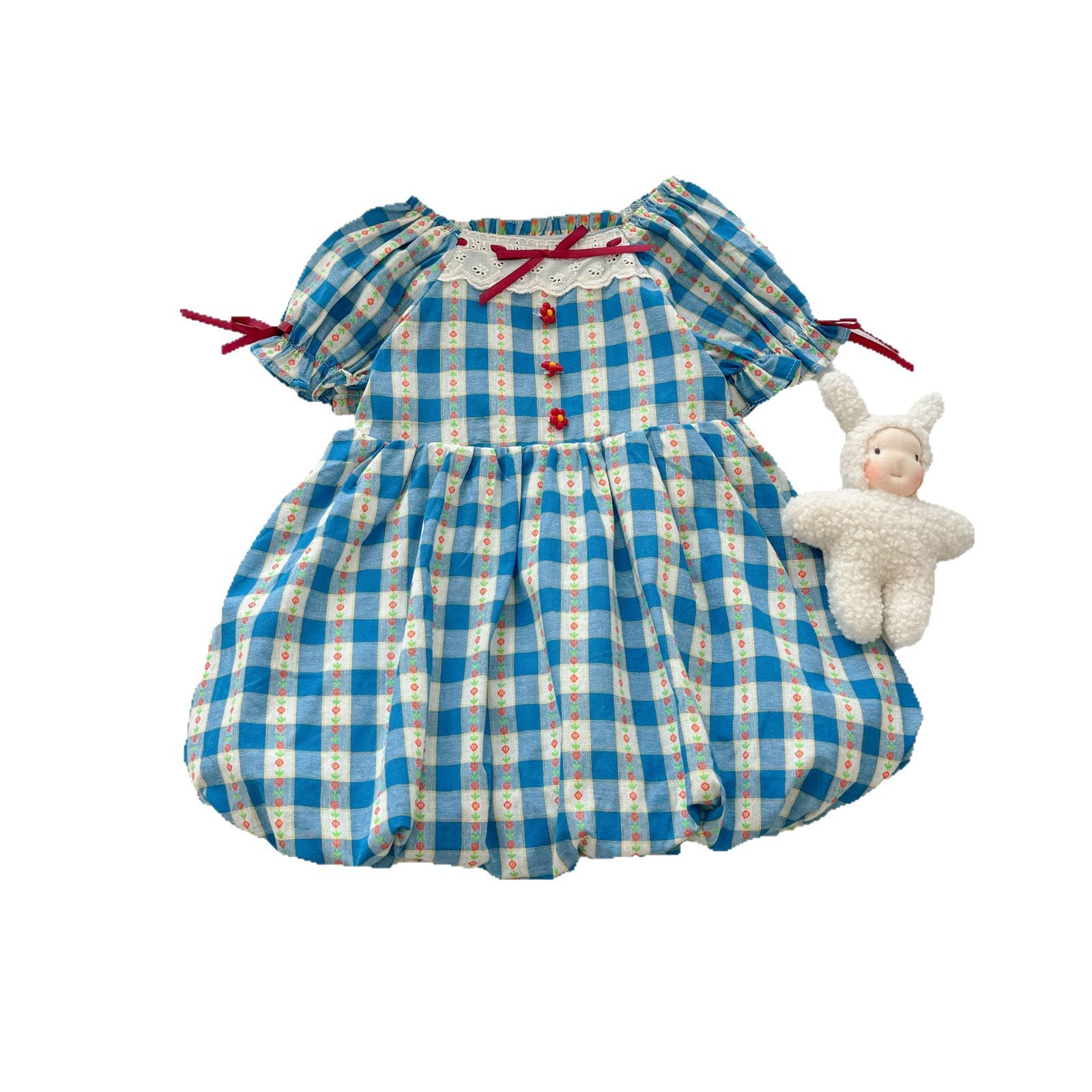 Vestido de siete niñas de limón salado Falda de capullo de flor francesa de manga corta a cuadros azules Nuevo estilo de verano Falda de capullo de flor de niña de jardín de infantes