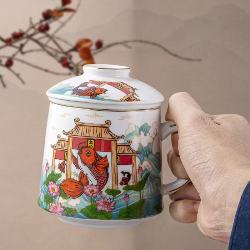 Personalidad creativa taza de la Oficina de estilo chino con tapa de té Taza de cerámica de regalo de fugas de Año Nuevo taza de beber de alta apariencia