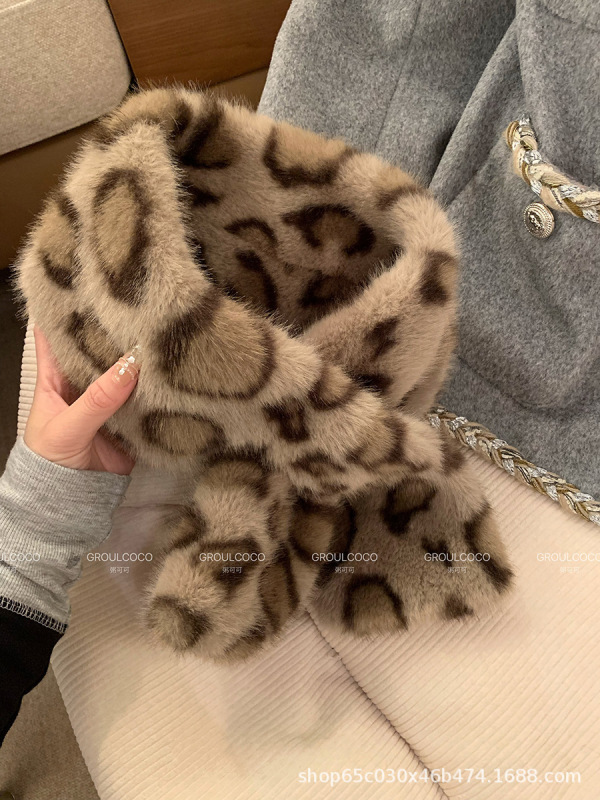 批发豹纹蒙古帽子毛绒小熊帽子女秋冬季仿水貂渔夫帽百搭围巾围脖|undefined