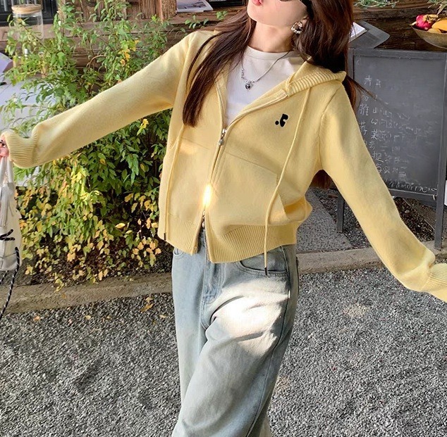 2025年新款黄色毛衣针织小外套开春穿搭上衣连帽卫衣开衫春秋女款|undefined