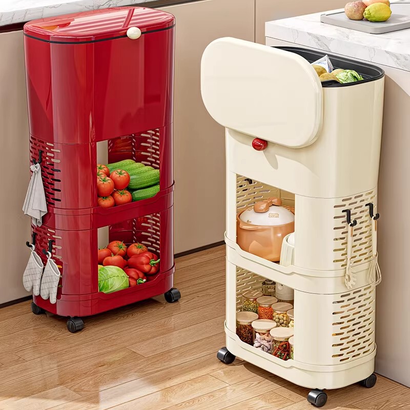 New Model Kitchen Trash Can for Home Use, Elevated and Movable with Wheels, No Need to Bend Over, Large Capacity, Festive Red