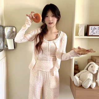 2026新款淡粉色蝴蝶结蕾丝三件套家居服女吊带长袖长裤可外穿睡衣