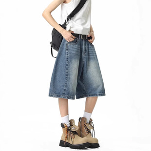 Wide-leg 7-point Jeans Men's Summer Hong Kong Style Vintage Washed Old Loose Straight Denim Mid-length Pants Men's New Product