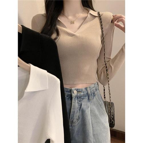 Early Autumn Self-Cultivation Polo Collar Base Shirt Slim Long-Sleeve Knit Shirt T-Shirt Autumn Top Women's