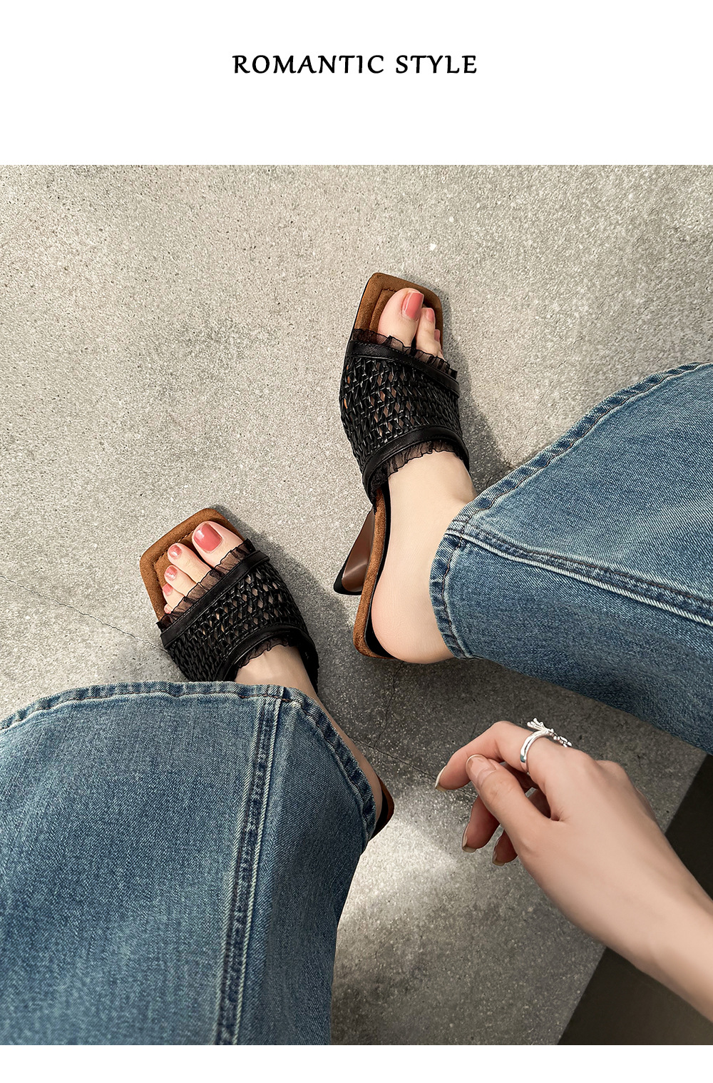 Sandal cao gót nữ quai ngang đan móc hở mũi mũi vuông gót cao — màu đen, màu trắng ngà chi tiết 9