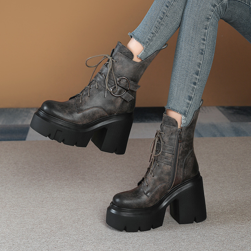 Boot nữ cổ thấp da thật phong cách Anh quốc, gót vuông 12 cm, khóa dây kéo — Lót nhung đen