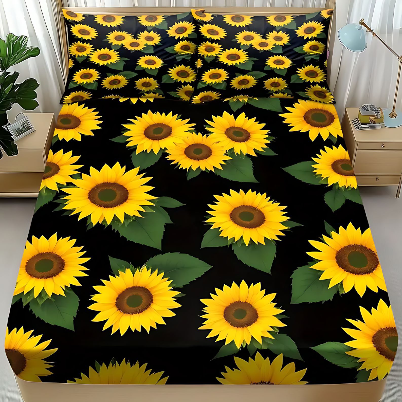 TEMU / JIT transfronterizo brillante girasol HD impresión digital cama suave gaza almohada conjunto de dibujo puede hacer