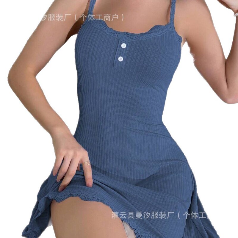 透气Heresh专供螺纹抽条休闲睡衣女蕾丝花边吊带裙欧美女士家居服|undefined