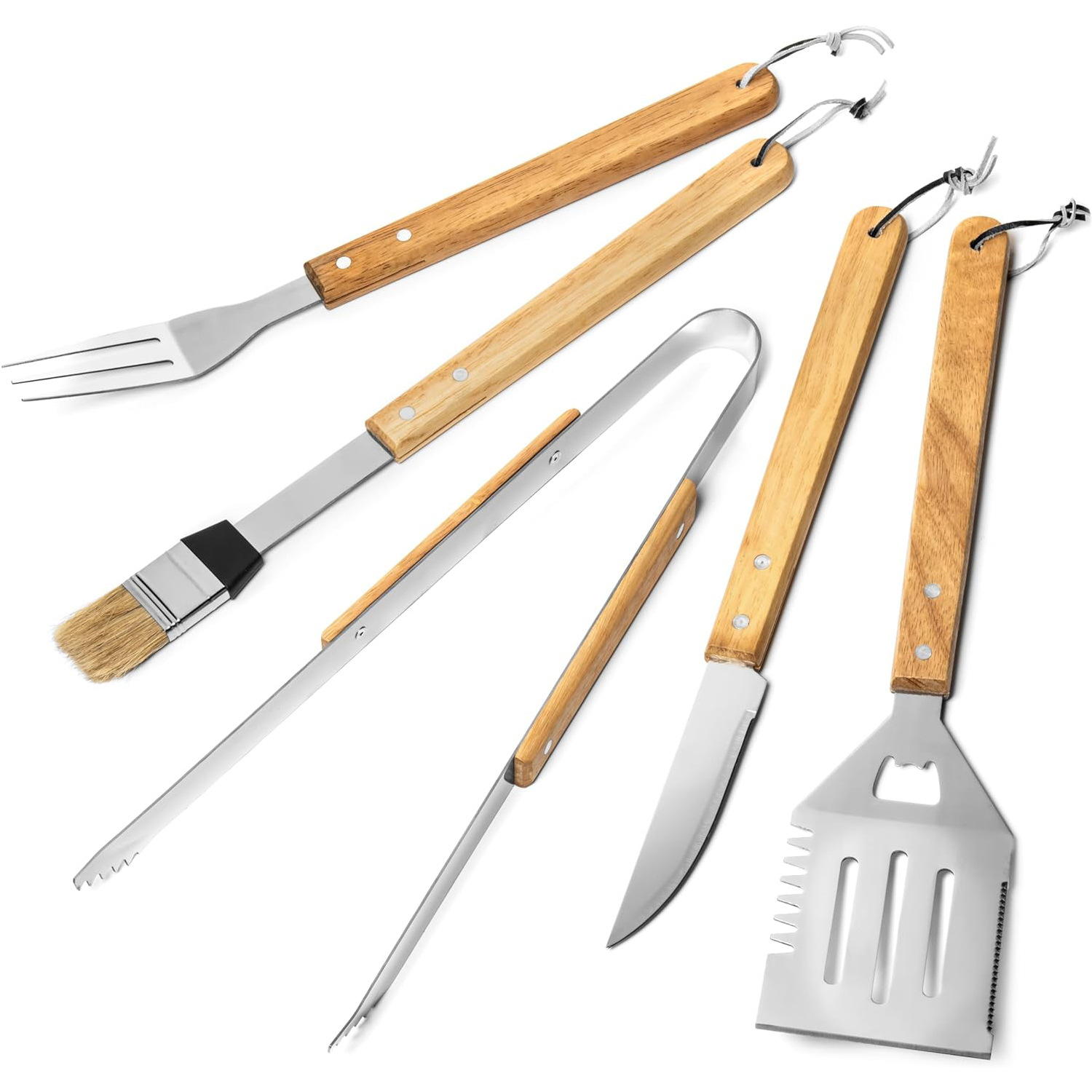 Fabricante de herramientas de barbacoa de acero inoxidable caja de bambú y madera conjunto de mango de madera de barbacoa al aire libre horquilla de parrilla de parrilla de parrilla conjunto completo