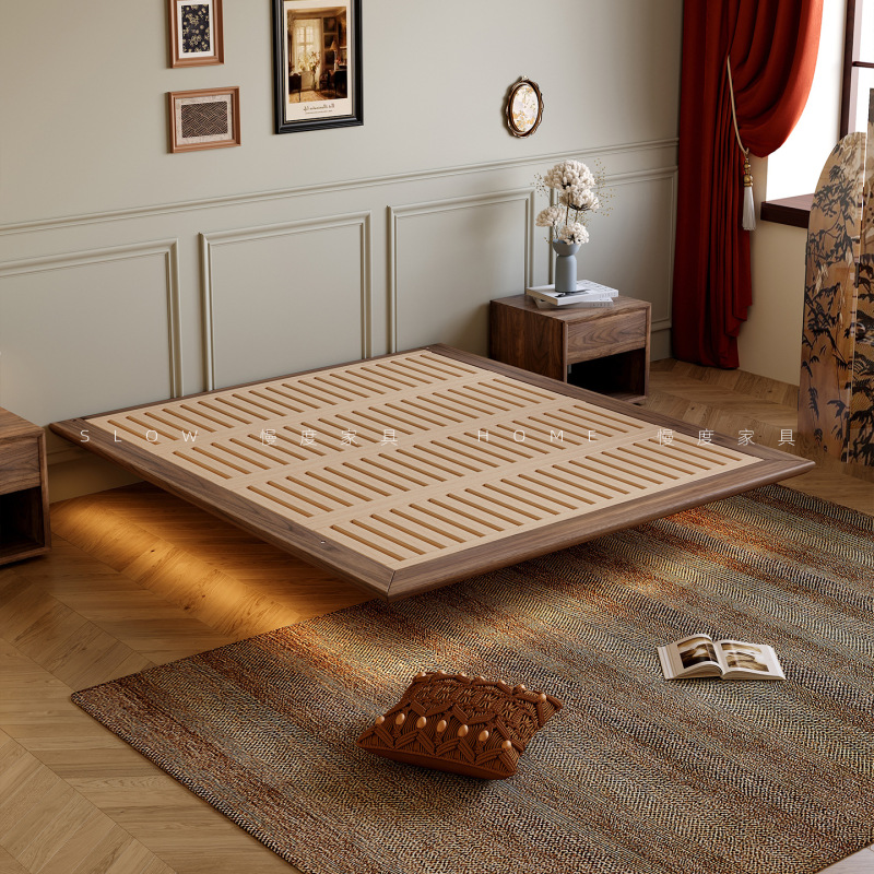 Walnut Wood Suspended Bed Without Headboard, Master Bedroom Double Bed, Small Apartment Beech Wood Slatted Frame Bed, Retro Tatami Bed Walnut Wood Suspended Bed Without Headboard, Master Bedroom Double Bed, Small Apartment Beech Wood Slatted Frame Bed, Retro Tatami Bed