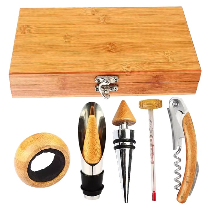 대나무 나무 상자, 대나무 나무 칼, 대나무 나무 뾰족한 와인 스토퍼, 스테인레스 스틸 대나무 나무 와인 반지, 컬러 박스에 5종 세트