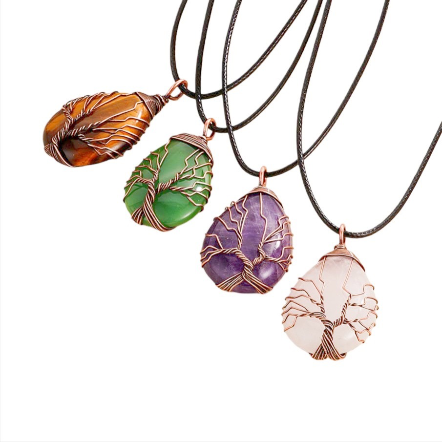Organic woven crystal pendant with amethyst drop-shaped