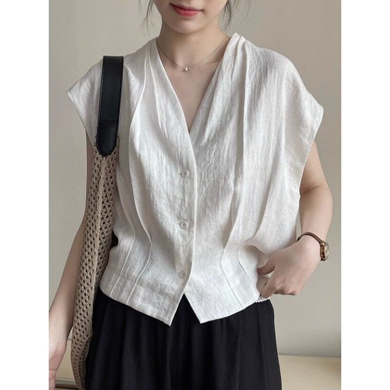Pleated Small Flutter Sleeve Top for Women, 2026 Summer New Style, High-End Feel, Loose Waist-Cinching Sleeveless Shirt Vest Pleated Small Flutter Sleeve Top for Women, 2026 Summer New Style, High-End Feel, Loose Waist-Cinching Sleeveless Shirt Vest