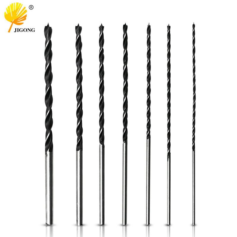 7-piece set of 300mm extended three-point woodworking drill bits, with a hanging pouch, including a centering woodworking hole saw for drilling 4-12mm holes