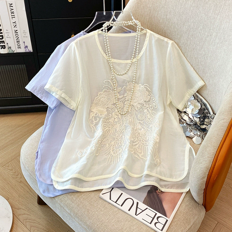 Настоящая фотография нового легкого топа в китайском стиле для женщин, летняя рубашка в стиле ретро с тяжелой вышивкой, внутренняя рубашка из органзы с короткими рукавами