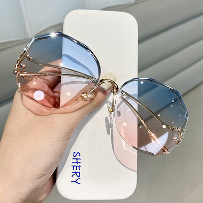 Frameless crystal Trimming Polygon glasses ultraviolet-proof Sunglasses lady Retro 2021 The new sunglasses