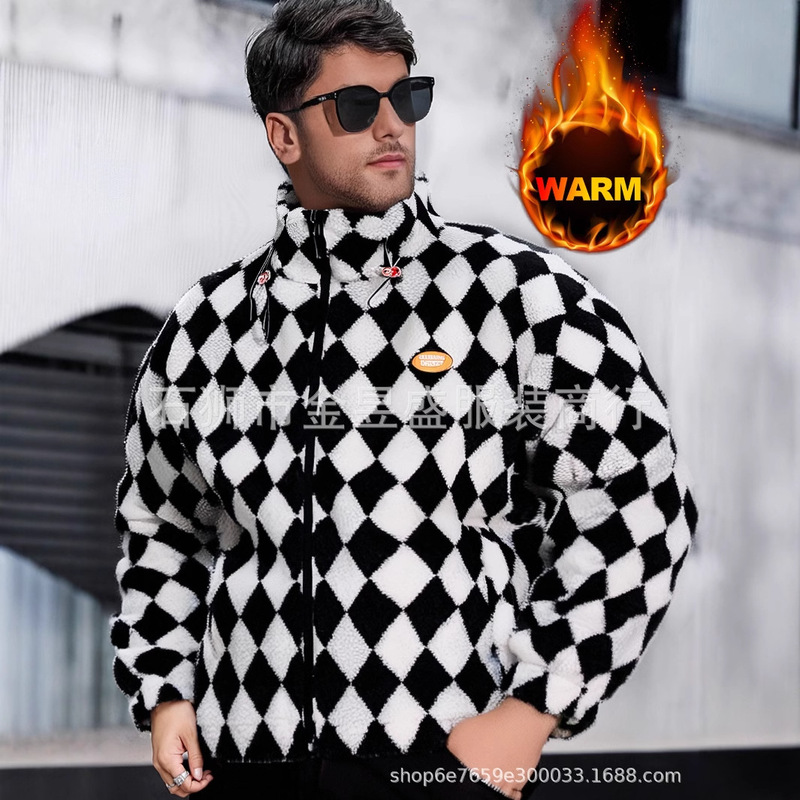 Men's Flannel Jacket Plaid Zipper Sherpa Sweatshirt Warm Winter Clothes Chessboard Outdoor fleece-lined Jacket