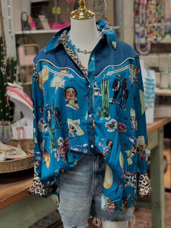 New Summer Street Style Retro Western Print Patchwork Color-Block Shirt for European and American Women New Summer Street Style Retro Western Print Patchwork Color-Block Shirt for European and American Women
