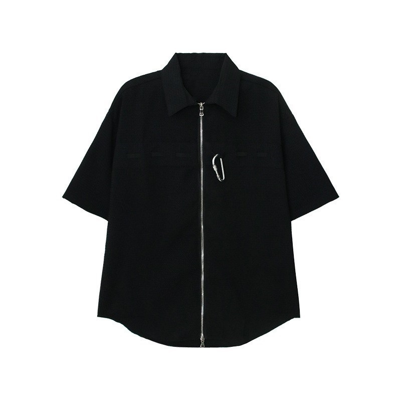 Waffle nuevo diseño de la camisa de la cremallera de los hombres de estilo coreano nicho de metal ruffle guapo camisa de manga corta de moda abrigo de marca delgada