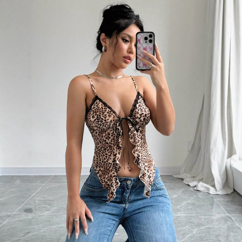 Amazon Temu Summer European and American Style Sexy Leopard Print Lace Trim Patchwork Strapless Tank Top for Hot Girls