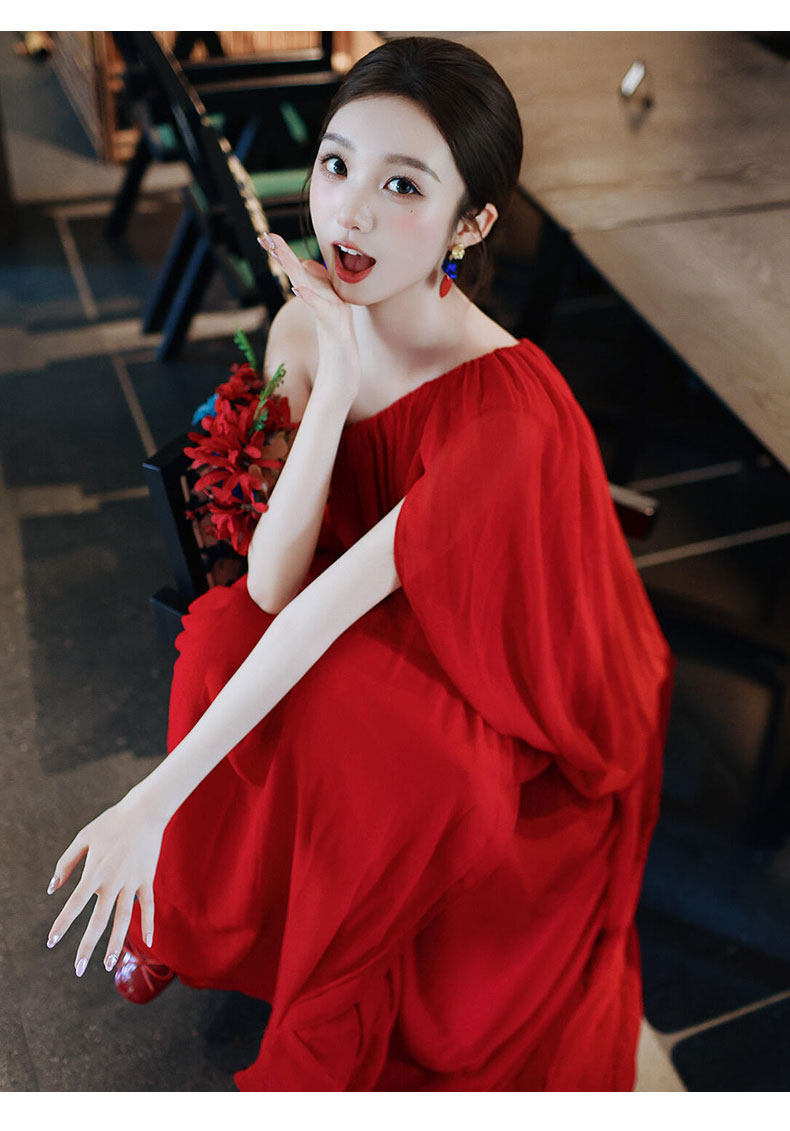 Red One-Shoulder Morning Robe Unique Simple Engagement Evening Gown Elegant Subtly Luxurious Wedding Toast Dress Women's Party Wear_ecoleips.com