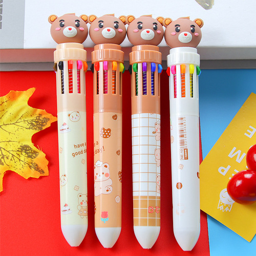 Creative Small Bear Push-Button Multicolor Ballpoint Pen, Cute Student Stationery 10-Color Ballpoint Pen, Fresh and Colorful Journal Pen