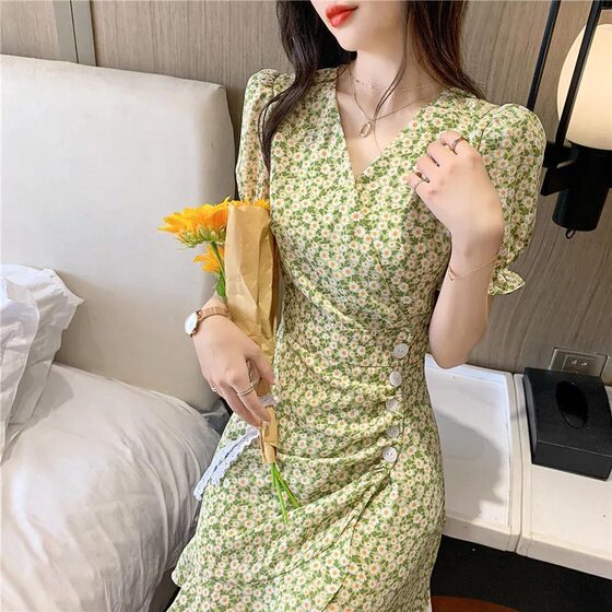 Chiffon Floral Dress Women's 2023 New V-neck High Waist Puff Sleeve Design French Style Short Dress