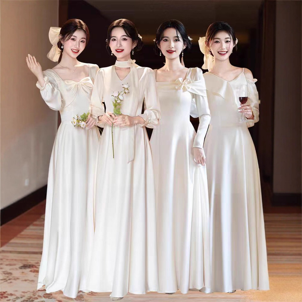 香槟色缎面伴娘服2025秋冬新款长袖高级感法式仙气姐妹团礼服裙女