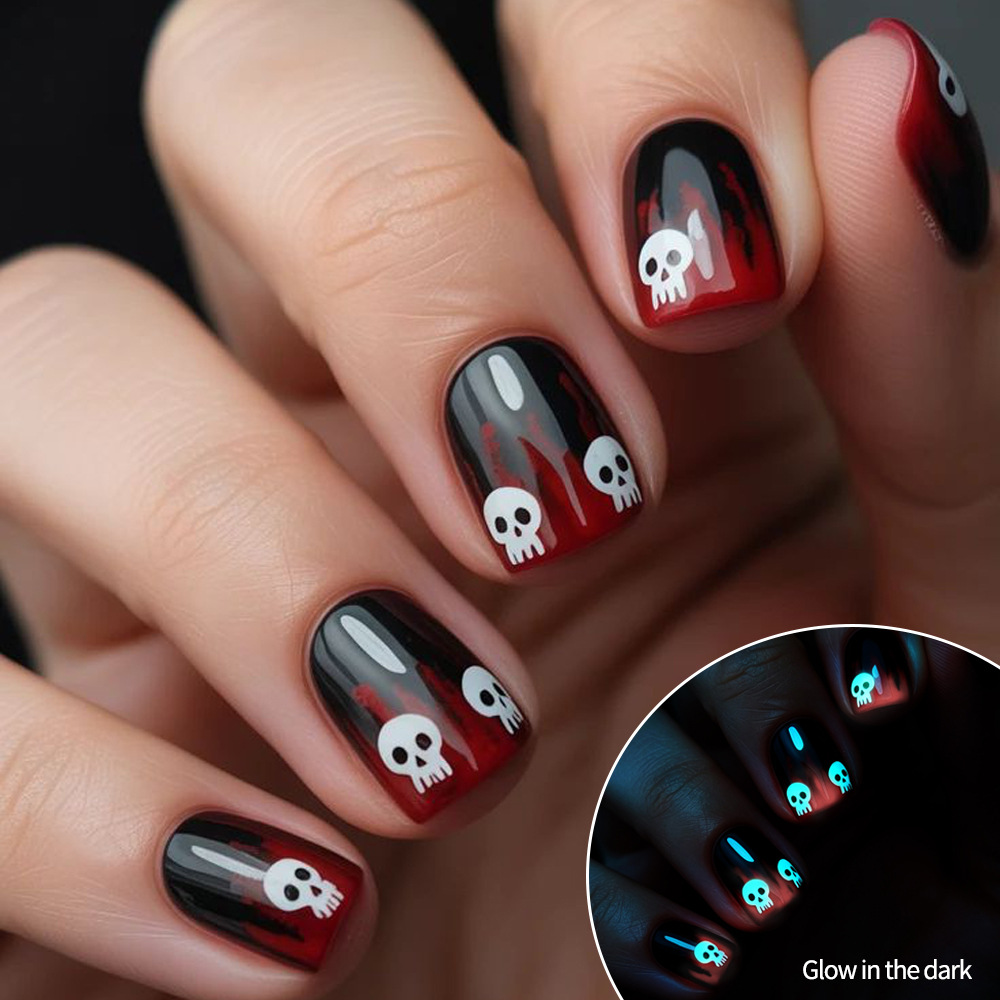 Uña de manicura para usar Halloween 24 piezas esqueleto de luz nocturna gota de sangre roja gradiente de uñas falsas para usar parches