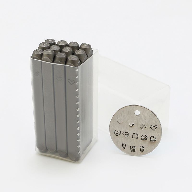 12PC爱心冲 皮革钢印3mm印花冲 冲头DIY皮雕花錾冲工具图案钢E18
