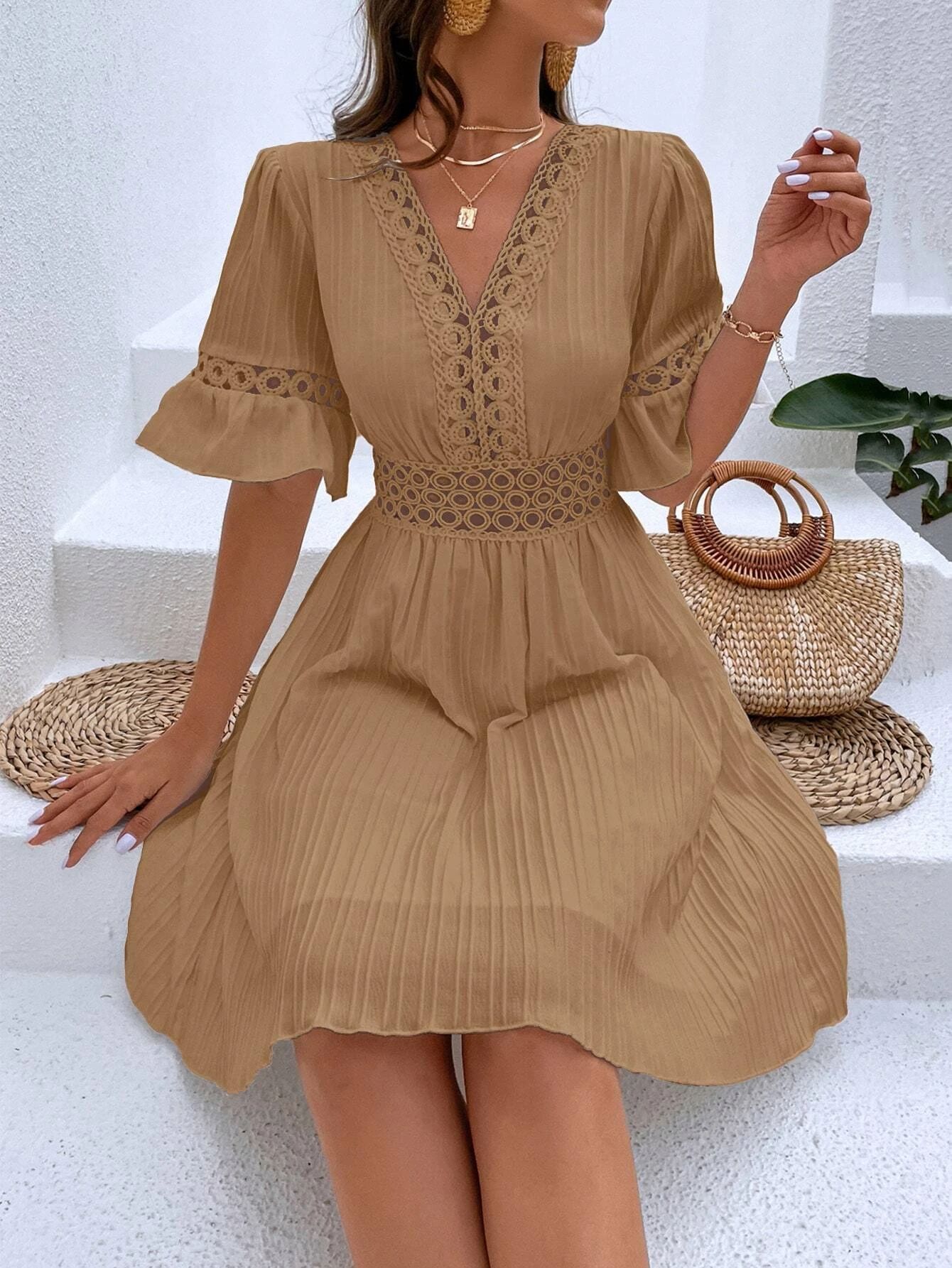 277g Weight Knee-Length Dress Length Type Half Sleeve Sleeve Length Regular Dress Dresses Type Bell Sleeve Sleeve Type Polyester Fabric Type High Waist Waist Line Holiday, Daily Occasion V Neck Neckline Slim Fit Type Solid Color Pattern Summer Season Women's Gender Lace Design Elegant, Streetwear Style Wholesale Women's Elegant Streetwear Lace Solid Color Holiday Daily V Neck Half Sleeve Regular Dress 21